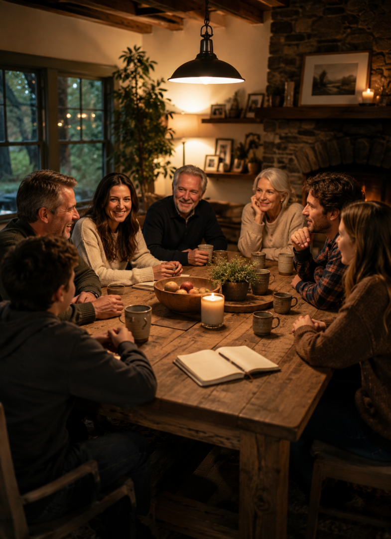 Cozy family gathering in a rustic home