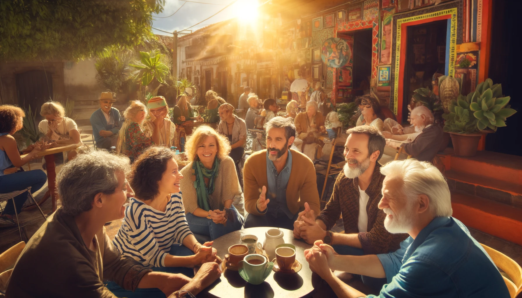 Dall·e 2025 03 20 15.47.46 a diverse, lively group of adults in their mid 40s to early 50s gathered in a sun drenched café patio, deep in conversation and laughter. they share i
