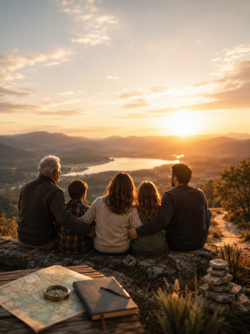 Family sunset moment by the lake