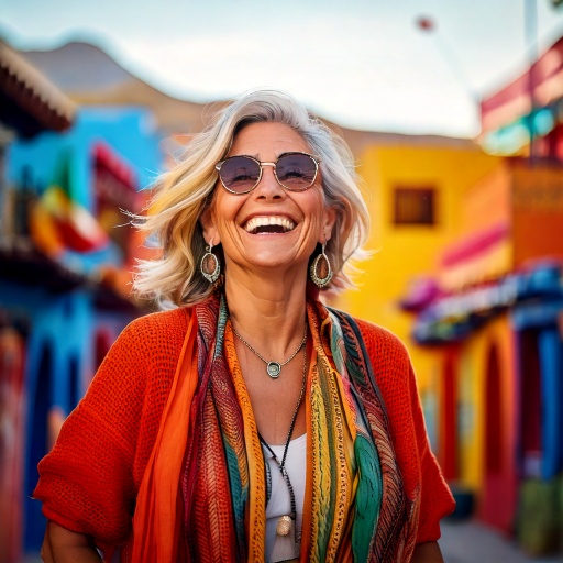 Firefly a blonde woman in her 50s showing expression of enjoying life. she's surrounded by a colorfu